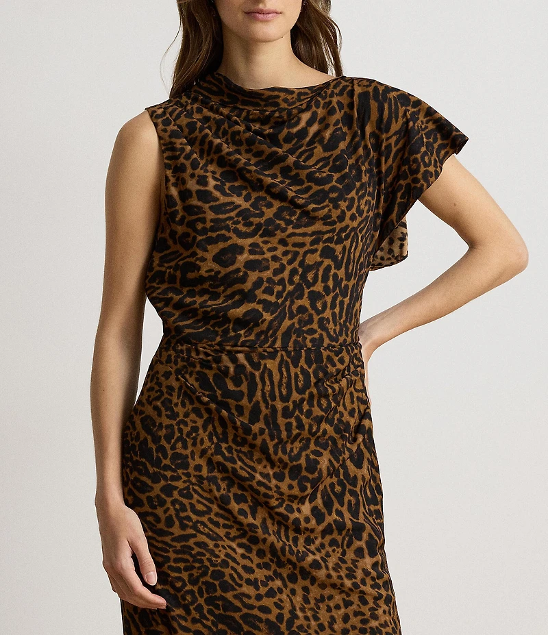 Lauren Ralph Lauren Crepe Animal Print Asymmetric Neck Sleeveless Midi Dress