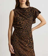 Lauren Ralph Lauren Crepe Animal Print Asymmetric Neck Sleeveless Midi Dress
