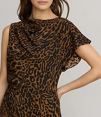 Lauren Ralph Lauren Crepe Animal Print Asymmetric Neck Sleeveless Midi Dress