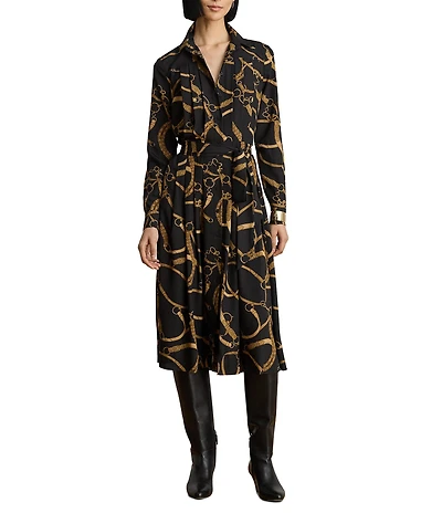 Lauren Ralph Lauren Crepe Belting Print Spread Collar Long Sleeve A-Line Shirtdress