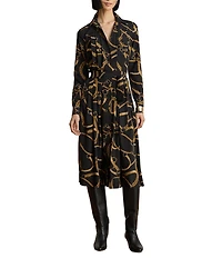 Lauren Ralph Lauren Crepe Belting Print Spread Collar Long Sleeve A-Line Shirtdress