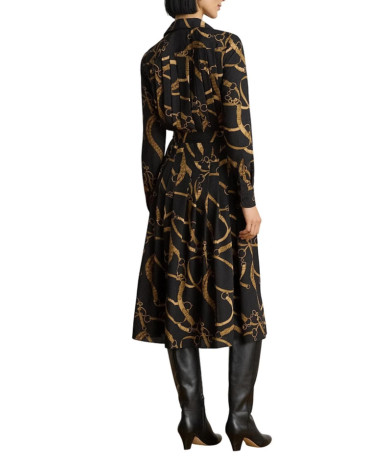 Lauren Ralph Lauren Crepe Belting Print Spread Collar Long Sleeve A-Line Shirtdress
