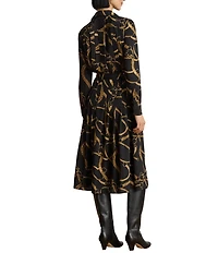 Lauren Ralph Lauren Crepe Belting Print Spread Collar Long Sleeve A-Line Shirtdress