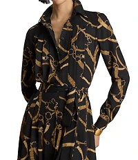 Lauren Ralph Lauren Crepe Belting Print Spread Collar Long Sleeve A-Line Shirtdress