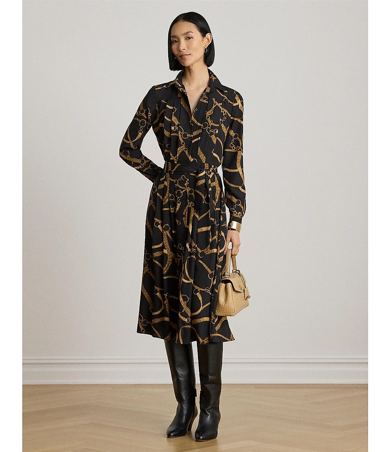 Lauren Ralph Lauren Crepe Belting Print Spread Collar Long Sleeve A-Line Shirtdress