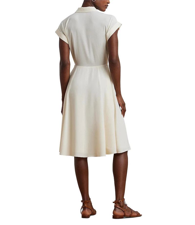 Lauren Ralph Lauren Crepe Camp Collar Neck Short Sleeve Belted Shirt Knee Length Dress