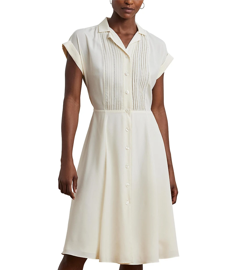 Lauren Ralph Lauren Crepe Camp Collar Neck Short Sleeve Belted Shirt Knee Length Dress