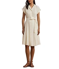 Lauren Ralph Lauren Crepe Camp Collar Neck Short Sleeve Belted Shirt Knee Length Dress