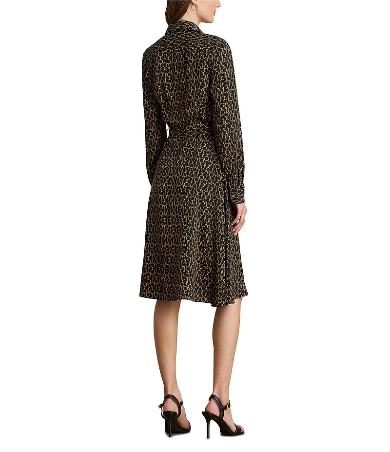 Lauren Ralph Lauren Crepe Chain-Print Point Collar Long Sleeve Shirt Dress