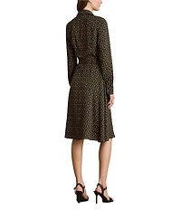 Lauren Ralph Lauren Crepe Chain-Print Point Collar Long Sleeve Shirt Dress