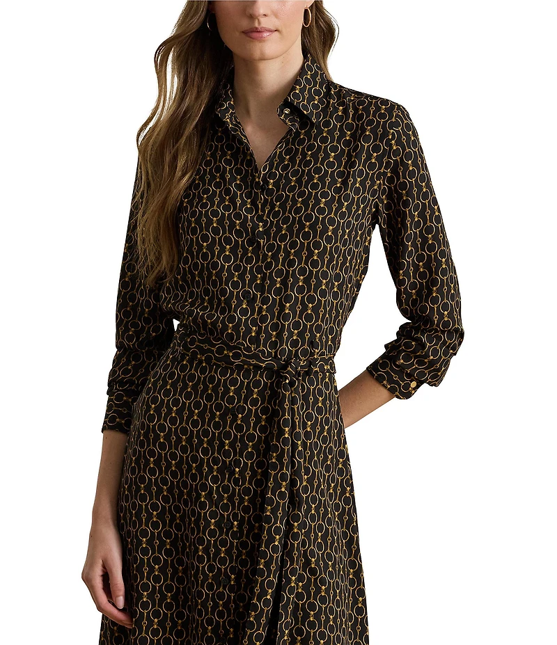Lauren Ralph Lauren Crepe Chain-Print Point Collar Long Sleeve Shirt Dress