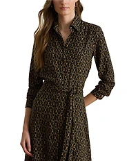 Lauren Ralph Lauren Crepe Chain-Print Point Collar Long Sleeve Shirt Dress