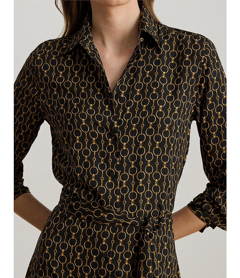 Lauren Ralph Lauren Crepe Chain-Print Point Collar Long Sleeve Shirt Dress