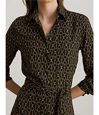 Lauren Ralph Lauren Crepe Chain-Print Point Collar Long Sleeve Shirt Dress