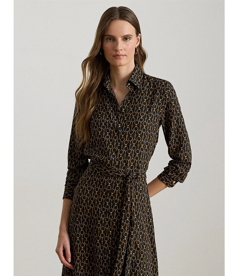 Lauren Ralph Lauren Crepe Chain-Print Point Collar Long Sleeve Shirt Dress