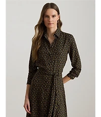 Lauren Ralph Lauren Crepe Chain-Print Point Collar Long Sleeve Shirt Dress