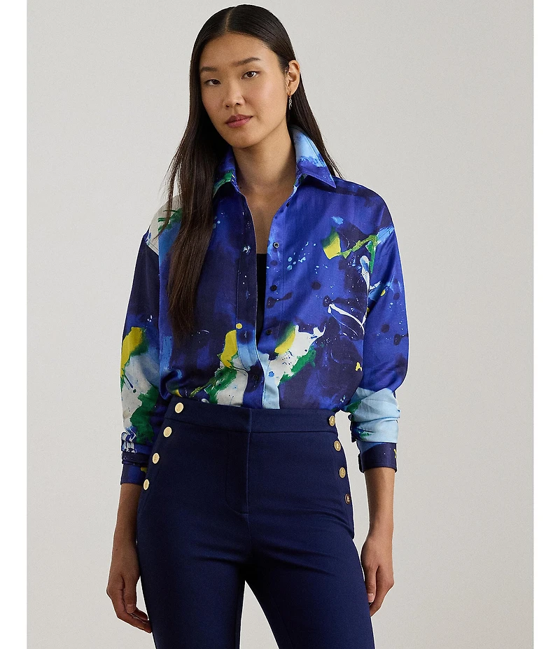 Lauren Ralph Lauren Crepe de Chine Abstract Print Point Collar Long Sleeve Coordinating Button Front Shirt