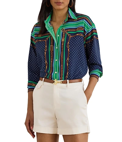 Lauren Ralph Lauren Crepe de Chine Belting Polka-Dot Print Point Collar Long Sleeve Button Front Shirt