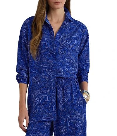 Lauren Ralph Lauren Crepe de Chine Coordinating Paisley Print Point Collar Long Sleeve Button Front Shirt