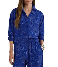 Lauren Ralph Lauren Crepe de Chine Coordinating Paisley Print Point Collar Long Sleeve Button Front Shirt