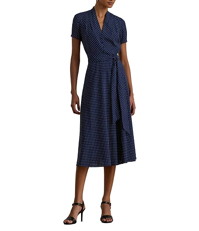Lauren Ralph Lauren Crepe de Chine Polka-Dot V-Neck Short Sleeve Fit & Flare Dress