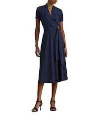 Lauren Ralph Lauren Crepe de Chine Polka-Dot V-Neck Short Sleeve Fit & Flare Dress