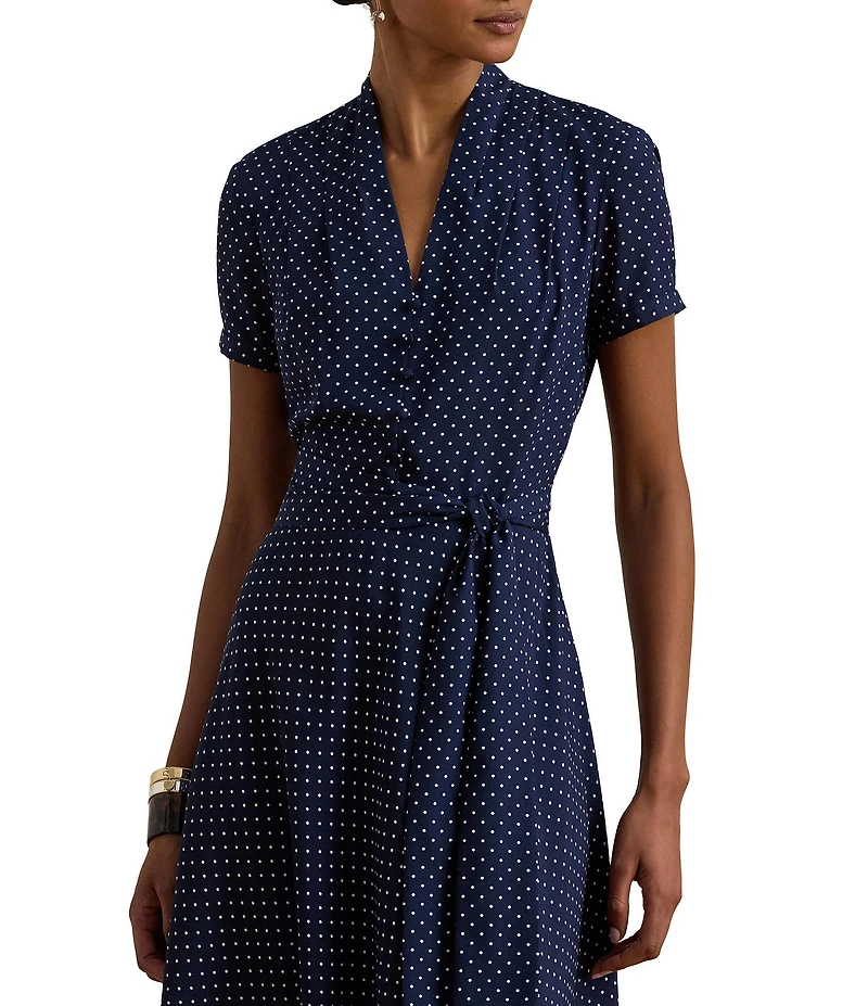Lauren Ralph Lauren Crepe de Chine Polka-Dot V-Neck Short Sleeve Fit & Flare Dress