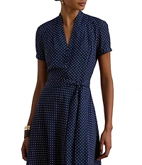 Lauren Ralph Lauren Crepe de Chine Polka-Dot V-Neck Short Sleeve Fit & Flare Dress