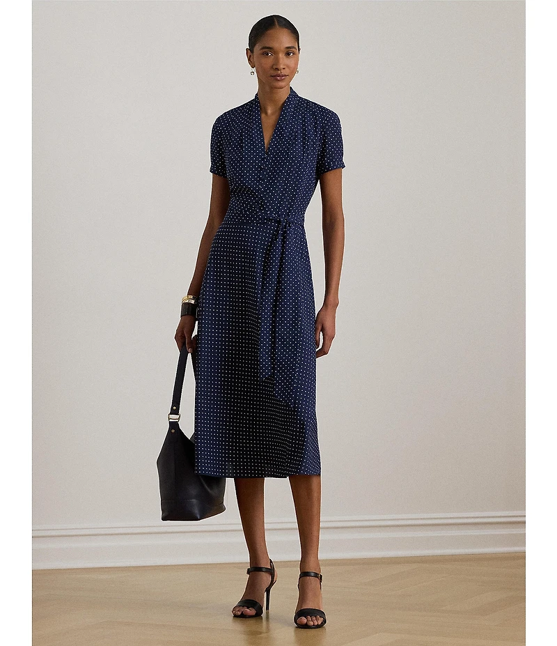 Lauren Ralph Lauren Crepe de Chine Polka-Dot V-Neck Short Sleeve Fit & Flare Dress