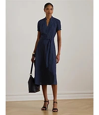 Lauren Ralph Lauren Crepe de Chine Polka-Dot V-Neck Short Sleeve Fit & Flare Dress