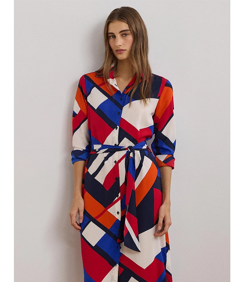 Lauren Ralph Lauren Crepe de Chine Printed Point Collar Long Sleeve Button-Front Self-Tie Waist Midi Shirtdress