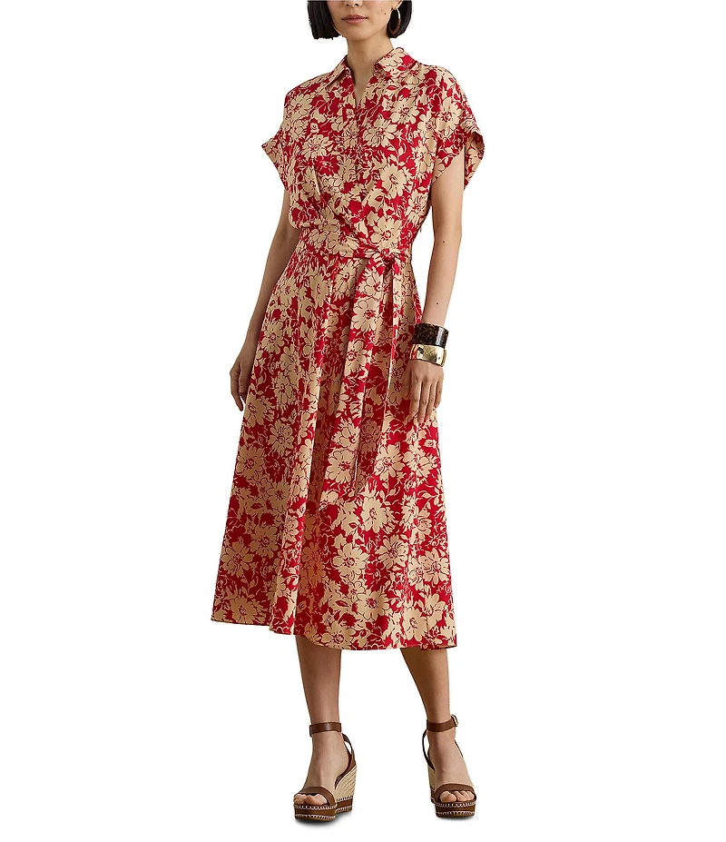 Lauren Ralph Lauren Crepe de Chine Spread Collar Short Sleeve Belted Floral Midi Dress
