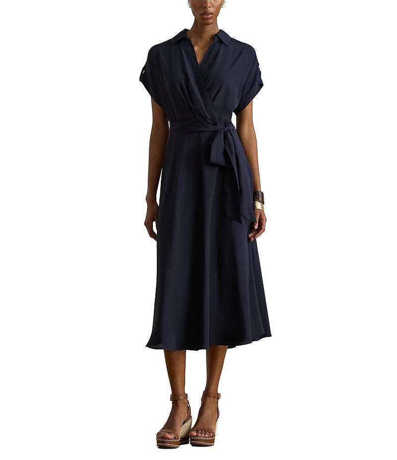 Lauren Ralph Lauren Crepe de Chine Spread Collar Short Sleeve Belted Midi Dress