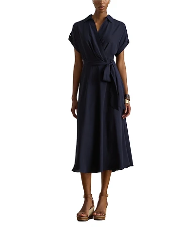 Lauren Ralph Lauren Crepe de Chine Spread Collar Short Sleeve Belted Midi Dress