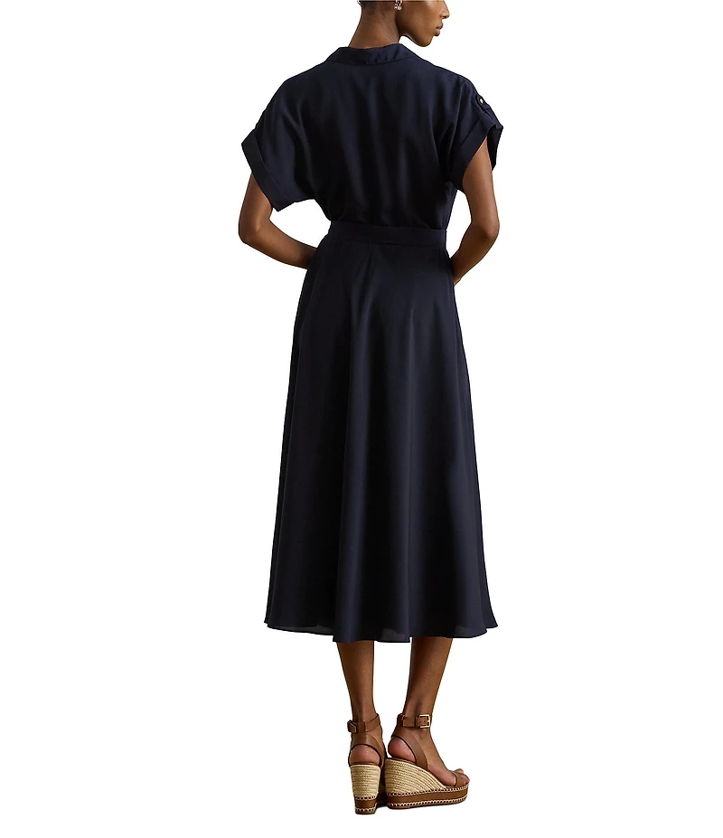 Lauren Ralph Lauren Crepe de Chine Spread Collar Short Sleeve Belted Midi Dress