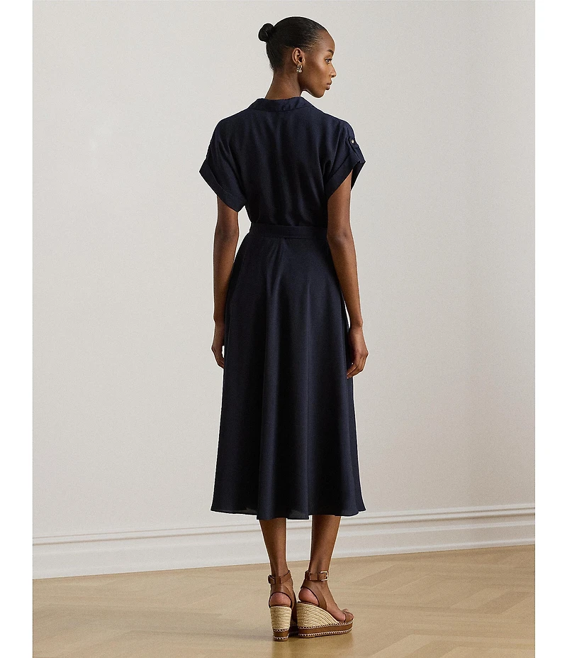 Lauren Ralph Lauren Crepe de Chine Spread Collar Short Sleeve Belted Midi Dress