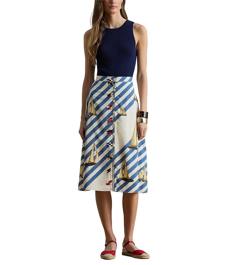 Lauren Ralph Lauren Crepe de Chine Stripe Sailboat Sailing Flag Print A-Line Button-Front Skirt