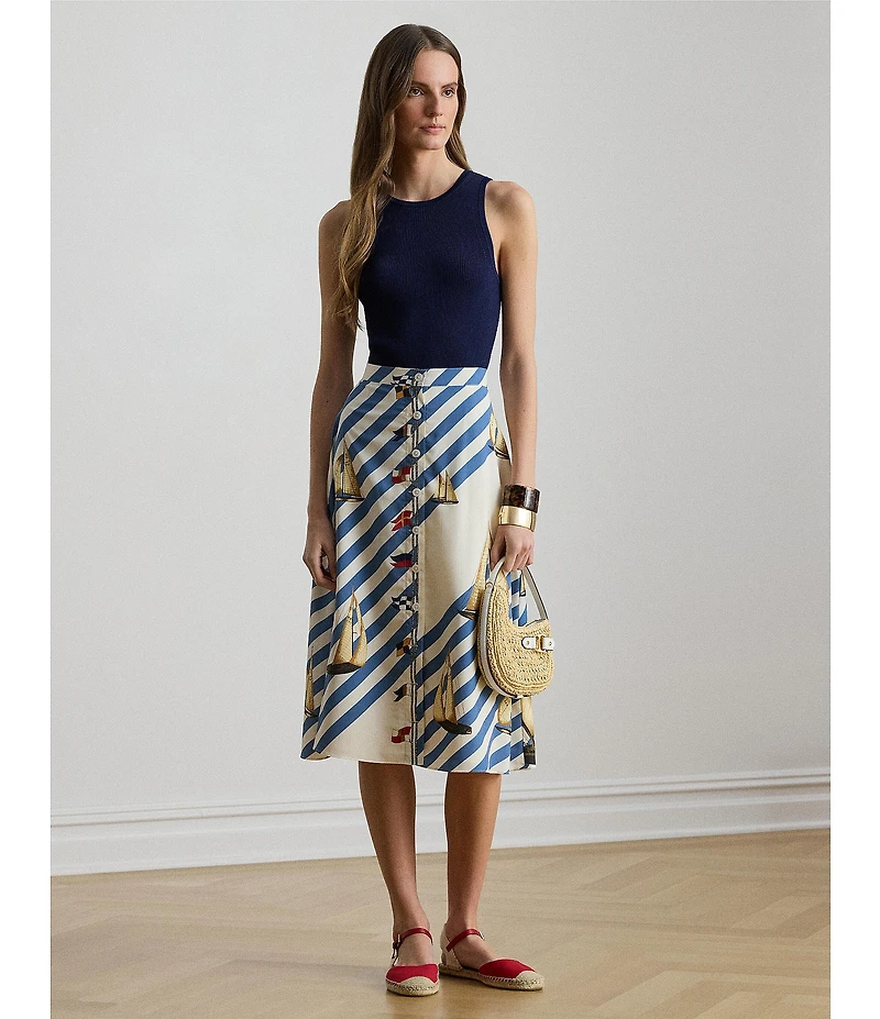 Lauren Ralph Lauren Crepe de Chine Stripe Sailboat Sailing Flag Print A-Line Button-Front Skirt