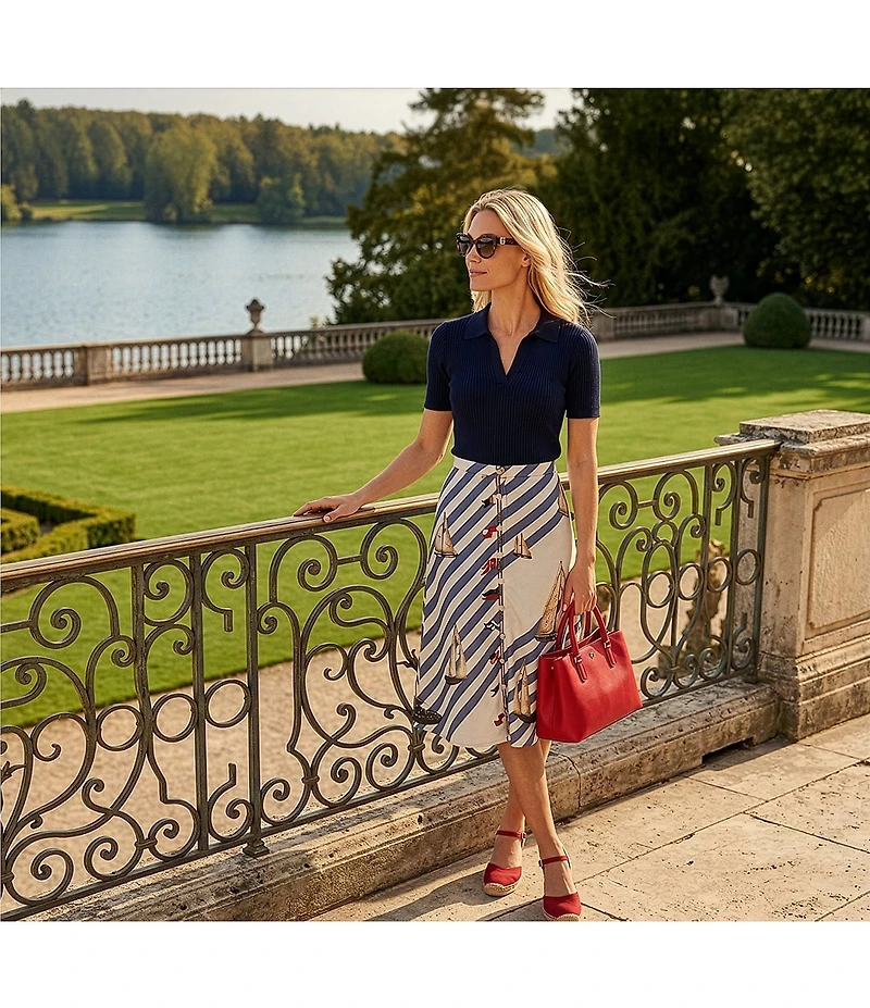 Lauren Ralph Lauren Crepe de Chine Stripe Sailboat Sailing Flag Print A-Line Button-Front Skirt