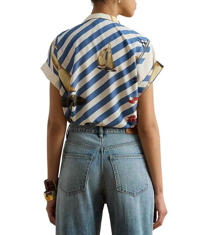 Lauren Ralph Lauren Crepe de Chine Striped Sailboat Print Button-Front Shirt
