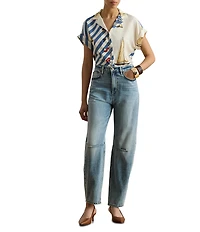 Lauren Ralph Lauren Crepe de Chine Striped Sailboat Print Button-Front Shirt