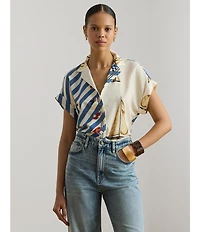 Lauren Ralph Lauren Crepe de Chine Striped Sailboat Print Button-Front Shirt