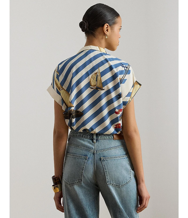 Lauren Ralph Lauren Crepe de Chine Striped Sailboat Print Button-Front Shirt