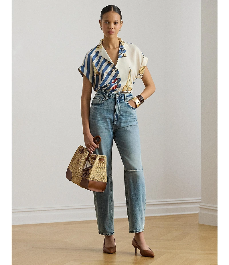 Lauren Ralph Lauren Crepe de Chine Striped Sailboat Print Button-Front Shirt