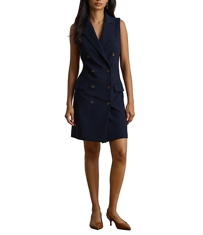 Lauren Ralph Lauren Crepe Double Breasted Notch Lapel Collar Sleeveless A-Line Dress
