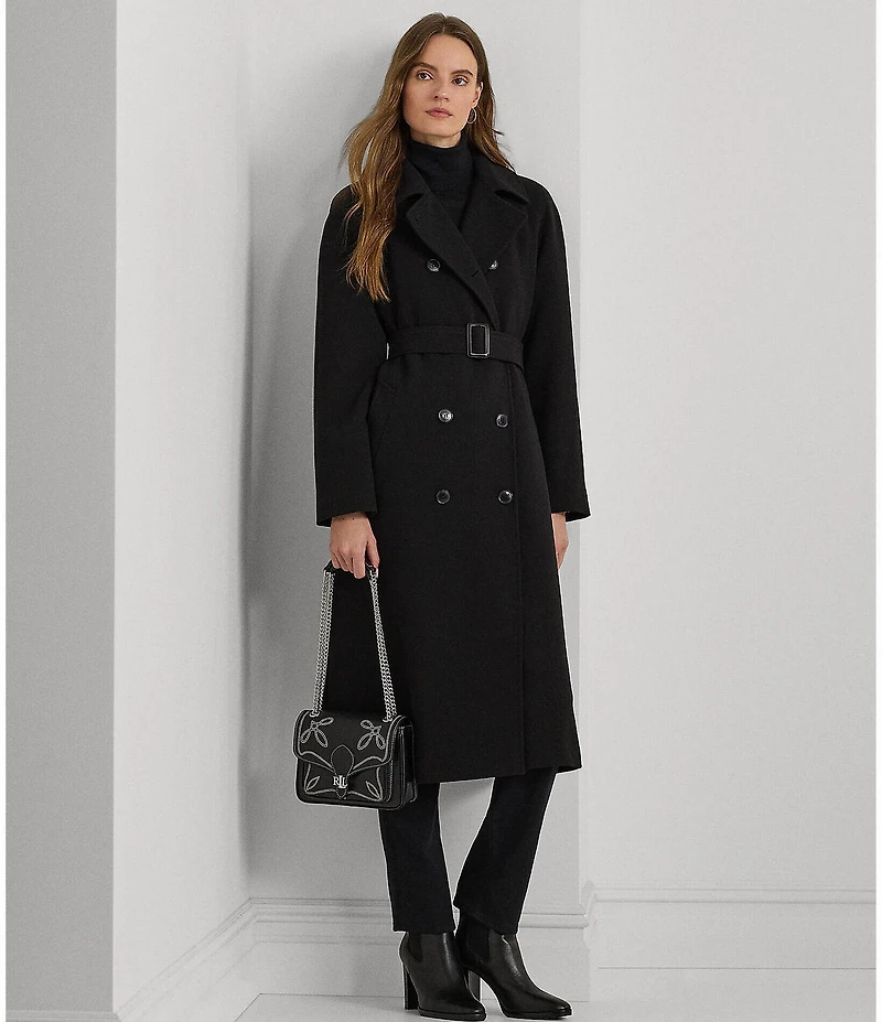 Lauren Ralph Lauren Crepe Point Collar Belted Double Breasted Trench Coat
