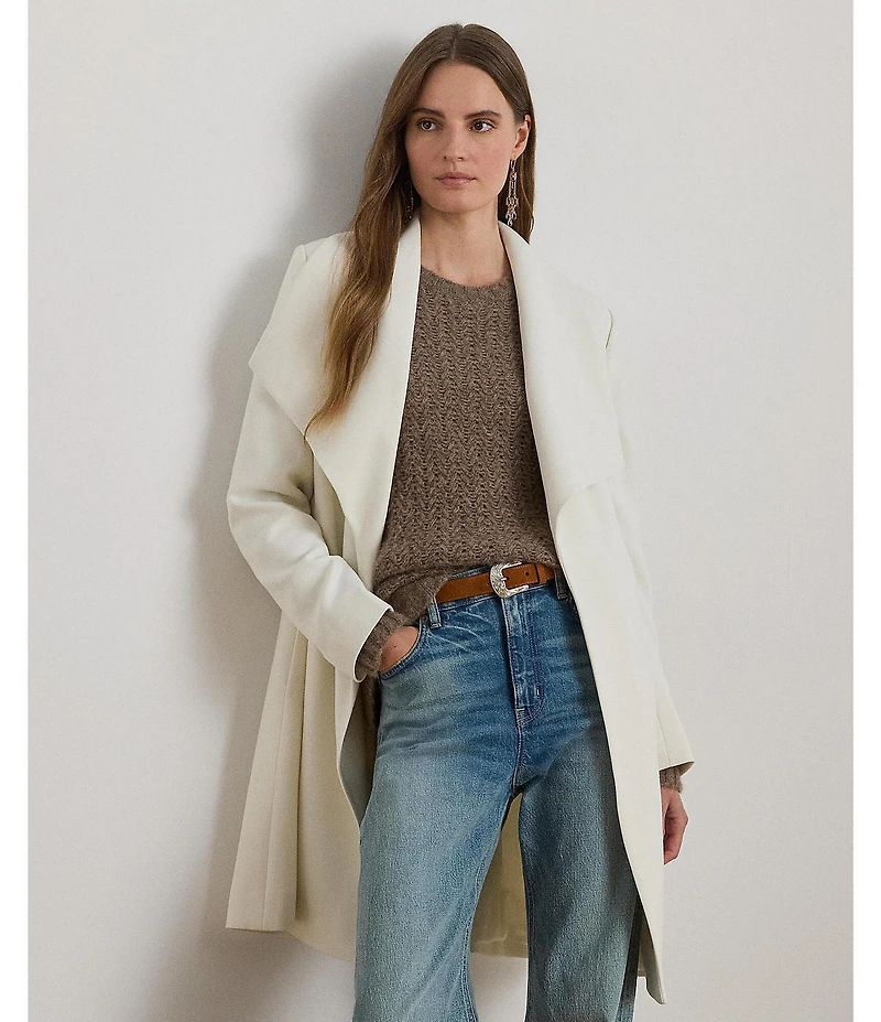 Lauren Ralph Lauren Crepe Shawl Collar Long Sleeve Belted Wrap Coat