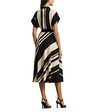 Lauren Ralph Lauren Crepe Striped Spread Collar Short Sleeve Belted A-Line Midi Dress