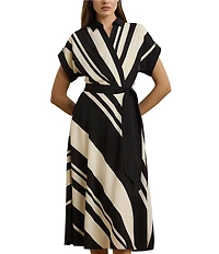 Lauren Ralph Lauren Crepe Striped Spread Collar Short Sleeve Belted A-Line Midi Dress