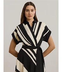 Lauren Ralph Lauren Crepe Striped Spread Collar Short Sleeve Belted A-Line Midi Dress